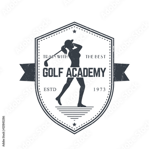 Golf Academy vintage emblem with female golfer swinging golf club, gray on white