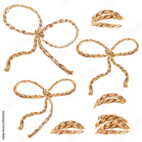 Watercolor hand drawn background with the bow-knot of the linen rope. Set of cable ropes. Jute rope with bow watercolor. Twine. Isolated illustration on white background.