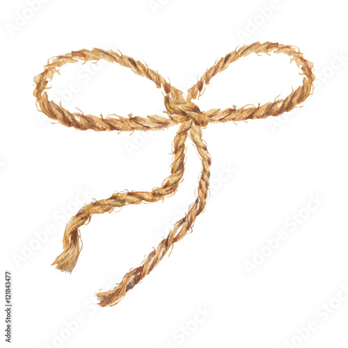 Watercolor hand drawn background with the bow-knot of the linen rope. Brown cable. The jute rope. Twine. Isolated illustration on white background.