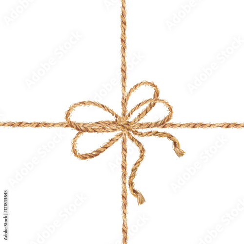 Watercolor hand drawn background with the bow-knot of the linen rope. Tie boxes for gifts. Jute rope with bow watercolor. Twine. Isolated illustration on white background.