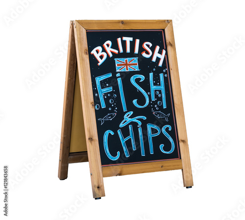 British Fish and Chips - Chalkboard advertising stand for the traditional british fast food menu. Isolated on white.