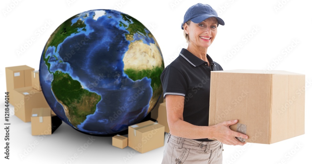 Composite image of happy delivery woman holding cardboard box Composite image of happy delivery woman holding cardboard box