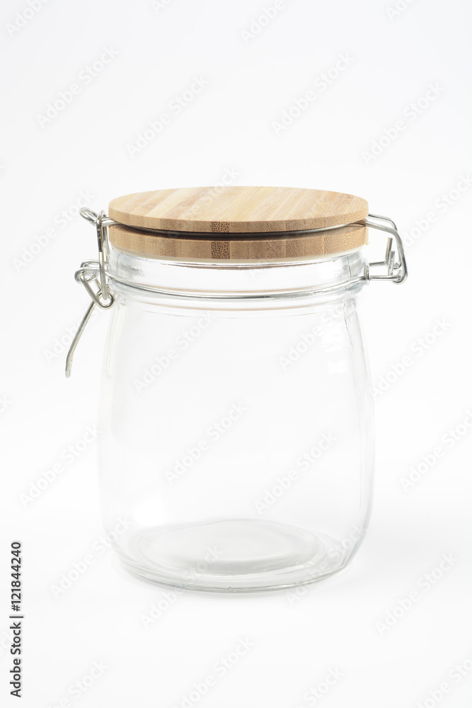 Bote de cristal con tapa de madera Stock Photo