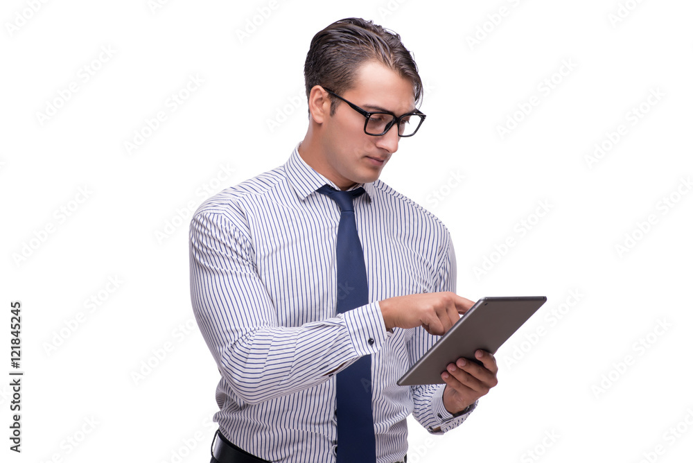 Handsome businessman working with tablet computer isolated on wh Handsome businessman working with tablet computer isolated on wh