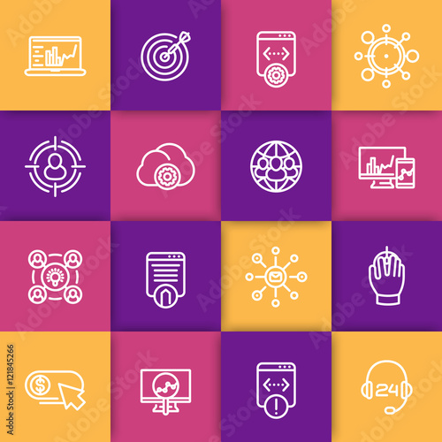 seo line icons, search engine optimization, website analysis, indexing, ranking, internet marketing, seo tools