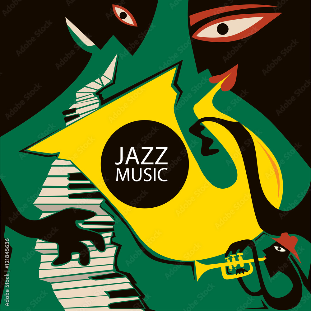 Naklejka premium Abstract Jazz Characters, Sax Player, Trumpet, Piano Band (vector Art)