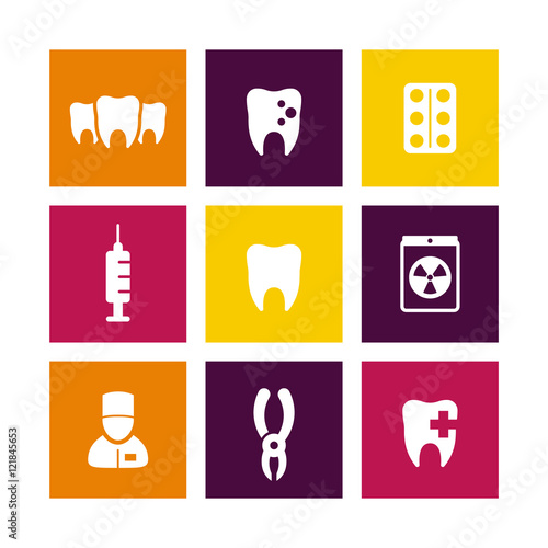 Teeth, dental care, tooth cavity, dentist, dental pliers, stomatology icons set, vector illustration