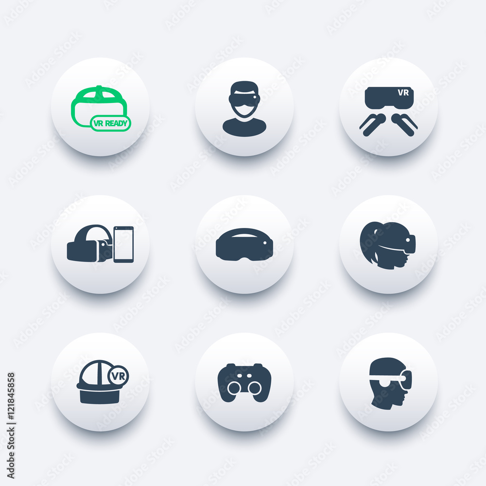 virtual reality icons set, VR headset, glasses, vr ready pictogram, vector illustration virtual reality icons set, VR headset, glasses, vr ready pictogram, vector illustration