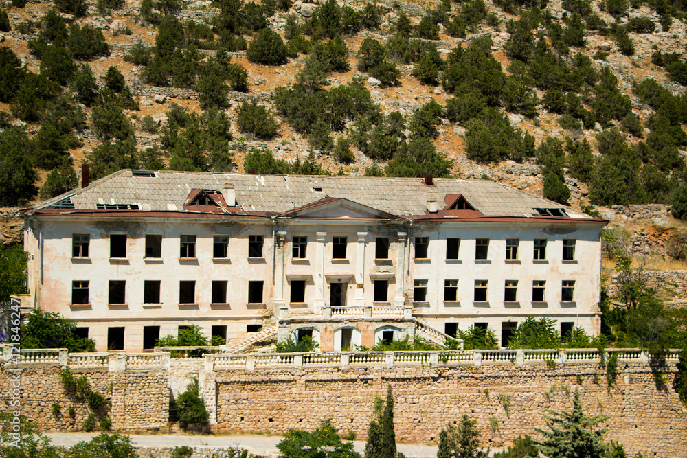 Obraz premium The old administrative building of the Soviet times. House in the mountains.
