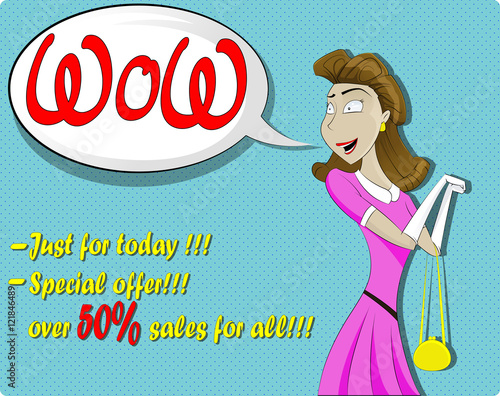 Cute surprised woman in cartoon comics style.