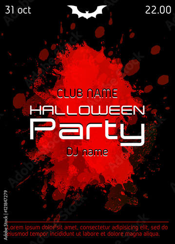 Halloween party poster with bloody blots. Dance Party Flyer in red and black colors. Vector Illustration