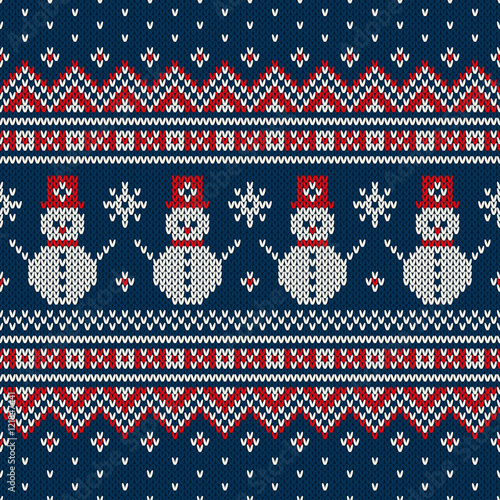 Winter Holiday Sweater Design with Snowman and Christmas Tree. Seamless Knitted Pattern