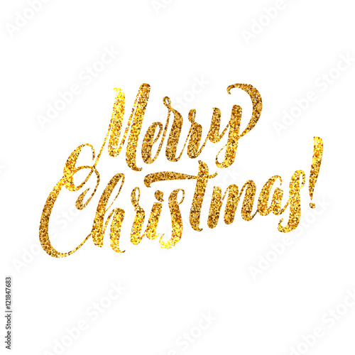 Gold Merry Christmas Card. Golden Shiny Glitter. Calligraphy Greeting Poster Tamplate. Isolated White Background