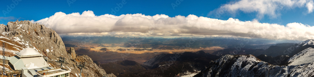 Panoramic view of mountain landscape in Shika Snow Mountain (Blue Moon Valley) located at Shangri-La (Zhongdian), Yunnan, China.