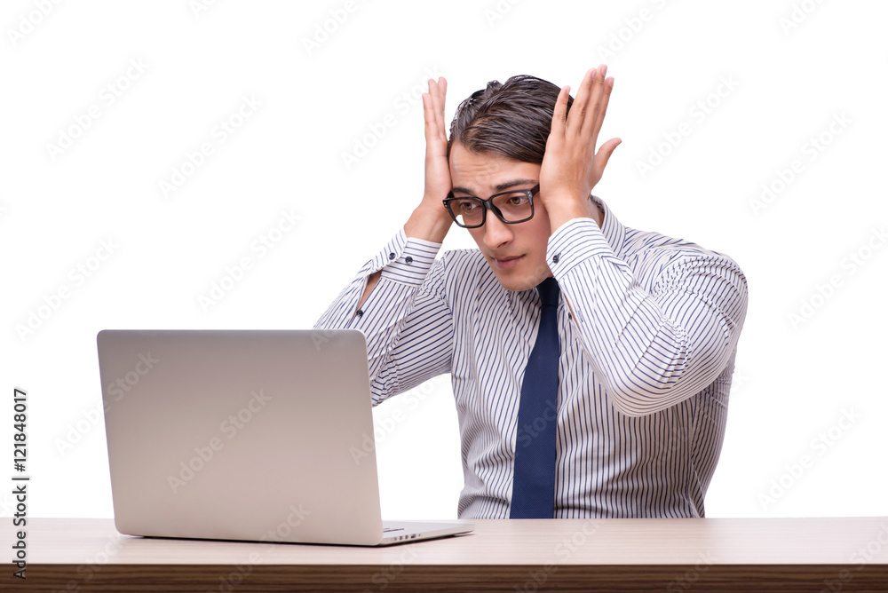 Handsome businessman working with laptop computer isolated on wh Handsome businessman working with laptop computer isolated on wh