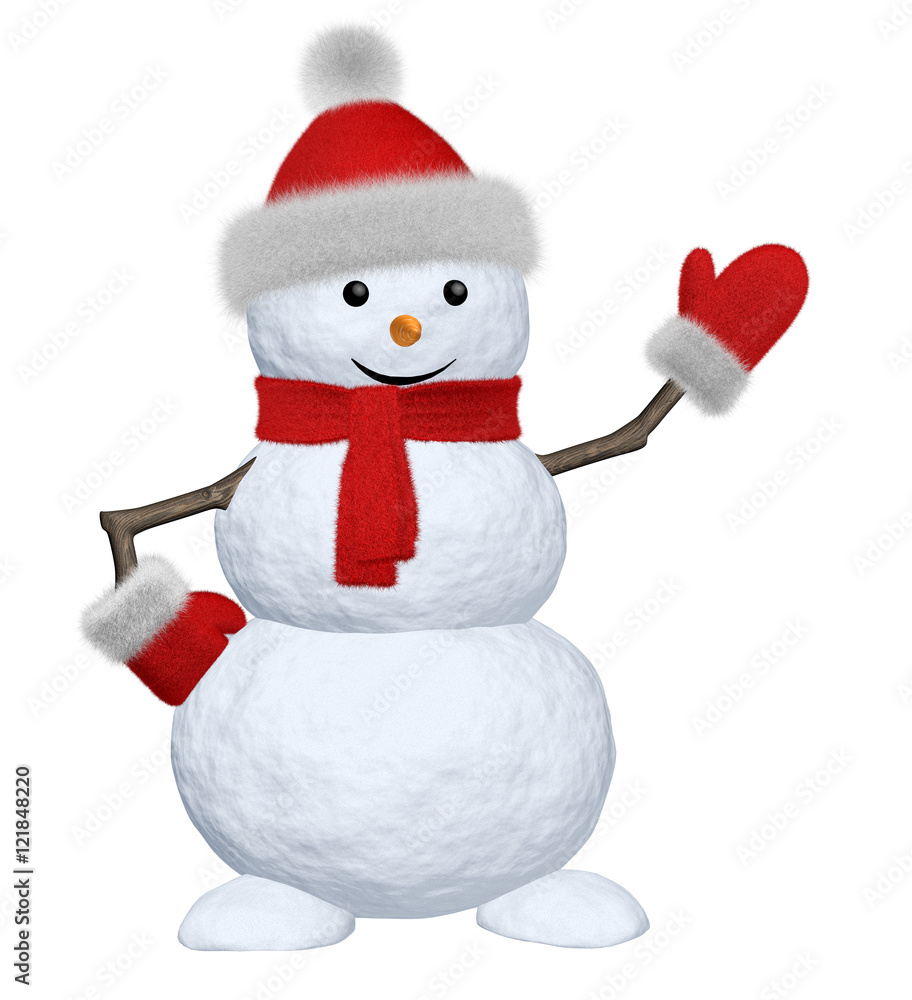Snowman with scarf on white pointing to something