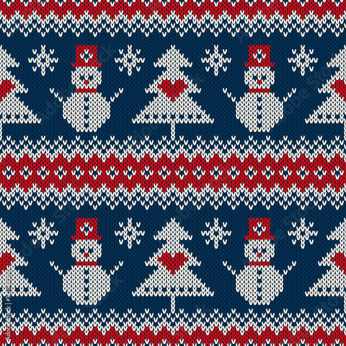 Winter Holiday Sweater Design with Snowman and Christmas Tree. Seamless Knitted Pattern