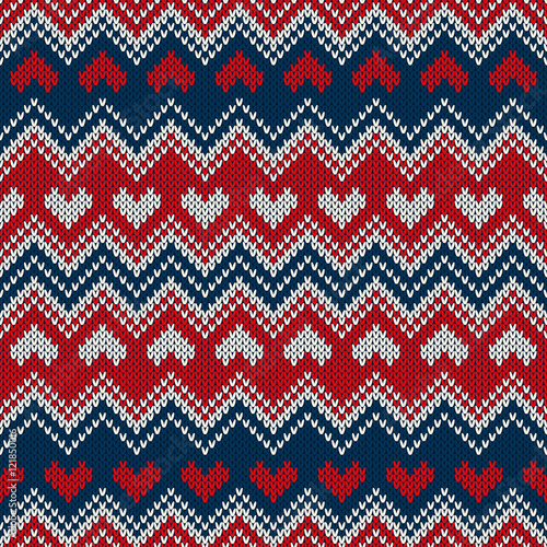 Fair Isle Style Knitted Sweater Design with Hearts. Seamless Knitting Pattern. Vector Knitted Texture