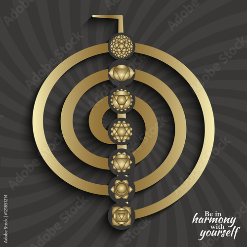 Chakra pictograms on choku rei symbol. Set of symbols used in Hinduism, Buddhism and Ayurveda. Elements for your design. 