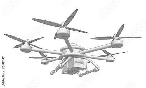 Drone delivers the goods. Volumetric vector illustration.