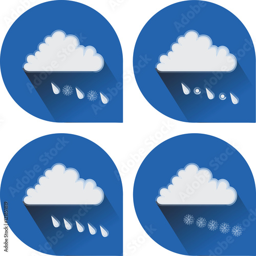 Snow, rain, hail, sleet and snow. 4 weather icons. Flat icons to indicate the weather