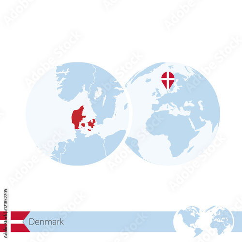 Denmark on world globe with flag and regional map of Denmark.