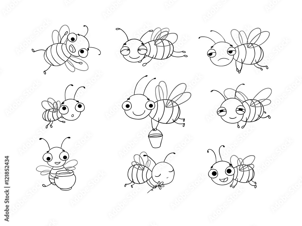 Set with cute cartoon bees. Set with cute cartoon bees.