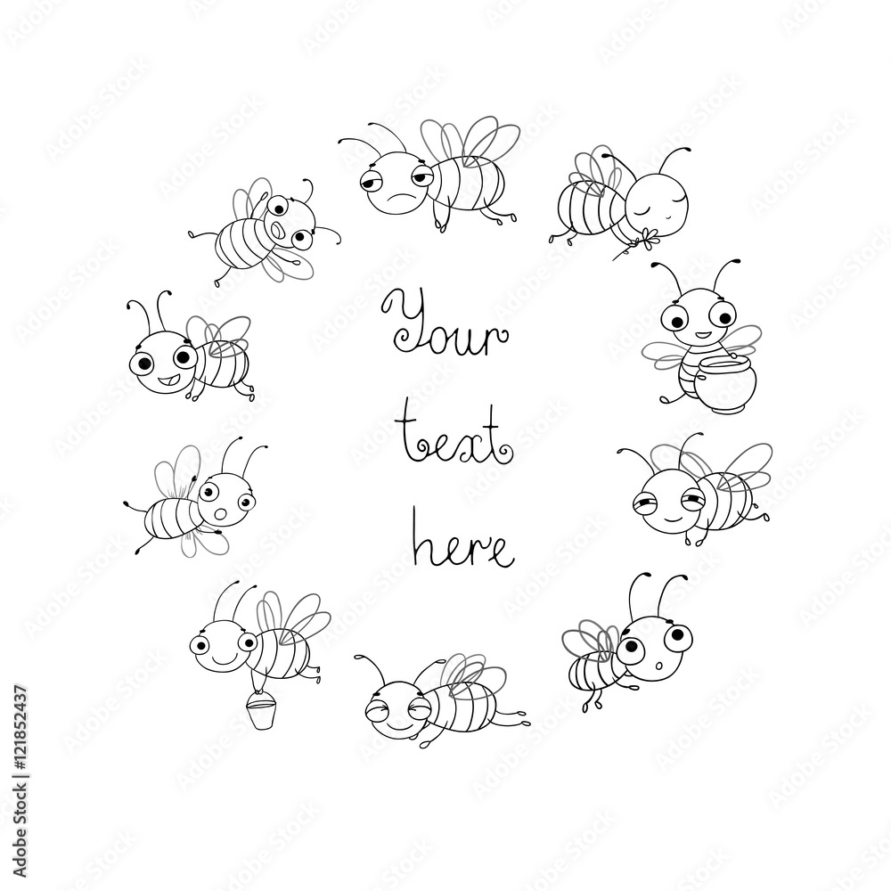 Set with cute cartoon bees. Set with cute cartoon bees.