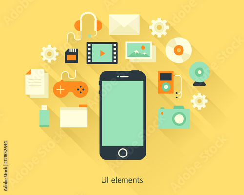Content concept a mobile phone with documents and devices in flat design style. Infographics and multimedia icons. Vector illustration.