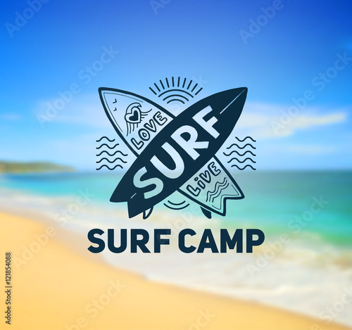 Surf Camp logo template on blurred sunny beach background