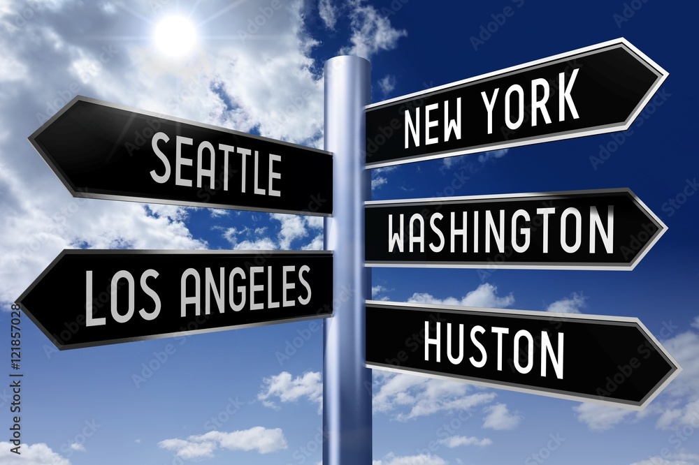 Signpost cities in the USA (New York, Seattle, Washington, Los