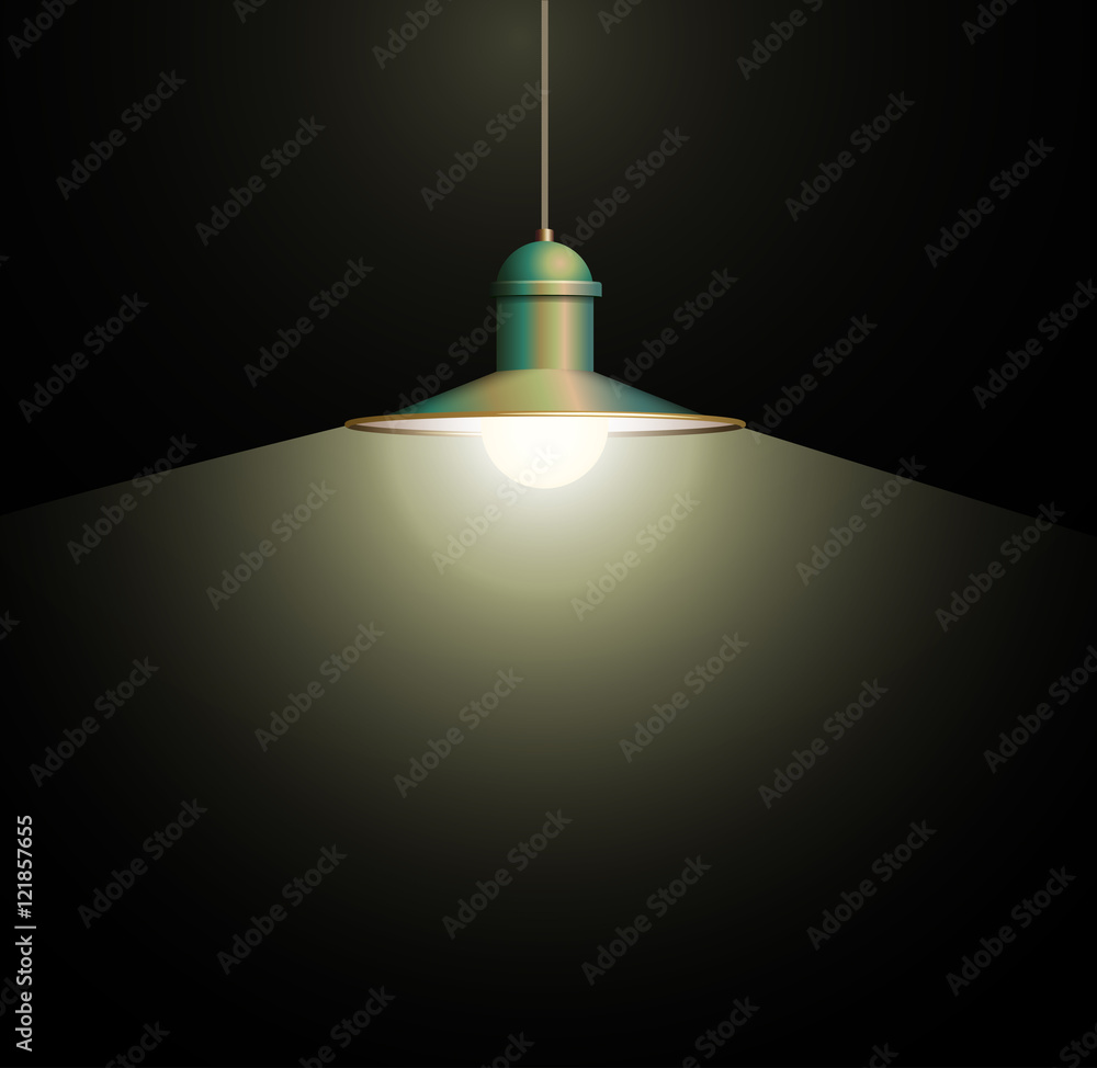 Ancient bronze lamp hanging on the wire. Big and empty space illuminated on the dark wall. Vector illustration of lighting. Ancient bronze lamp hanging on the wire. Big and empty space illuminated on the dark wall. Vector illustration of lighting.