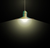 Ancient bronze lamp hanging on the wire. Big and empty space illuminated on the dark wall. Vector illustration of lighting.