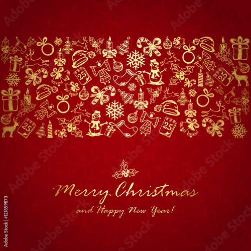 Golden Christmas decorations on red background