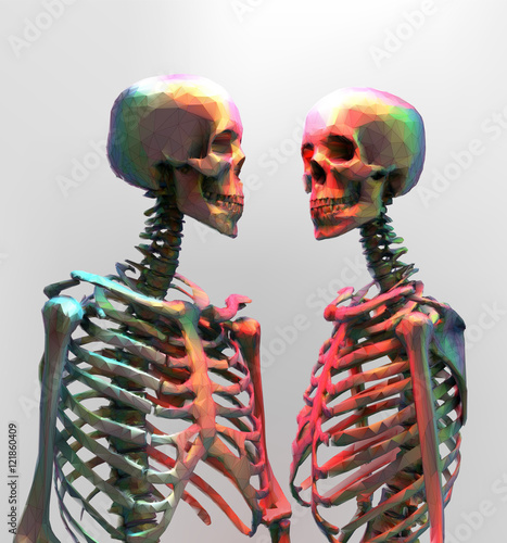 A couple of polygonal skeleton in rainbow color on bright backgr