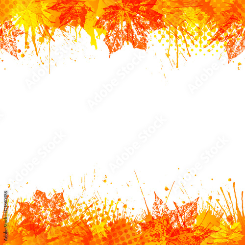 Bright autumn background. Seamless borders with vivid paint splashes and maple leaves. Vector illustration.