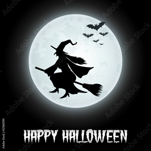 Halloween background with flying witch on the full moon