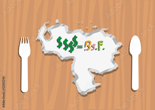 Venezuela Map as an Economic plate symbol with Dollars to Venezuelan currency called bolivar fuerte. Editable Clip Art. 
