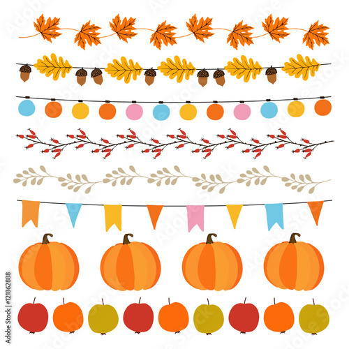 Set of cute autumn, fall garlands with lights, flags, acorns, leaves, pumpkins, apples and rose hips. Garden party decoration