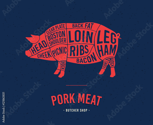 Meat cuts. Diagrams for butcher shop. Scheme of pork. Animal silhouette pork. Vector illustration.