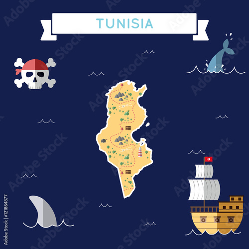Flat treasure map of Tunisia. Colorful cartoon with icons of ship, jolly roger, treasure chest and banner ribbon. Flat design vector illustration.