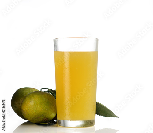 Orange juice and tangerine on white background