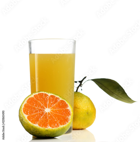 Orange juice and tangerine on white background