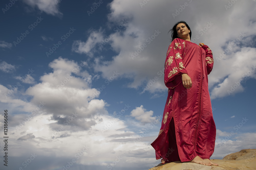 Fototapeta premium bonita mujer de rojo bajo un fondo azul lleno de nubes