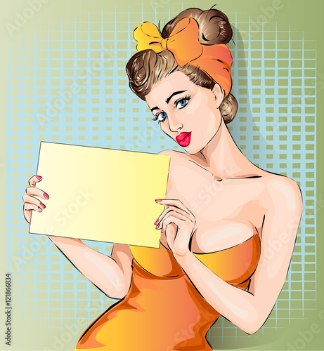 Sexy pin up woman holding signboard, hand drawn vector