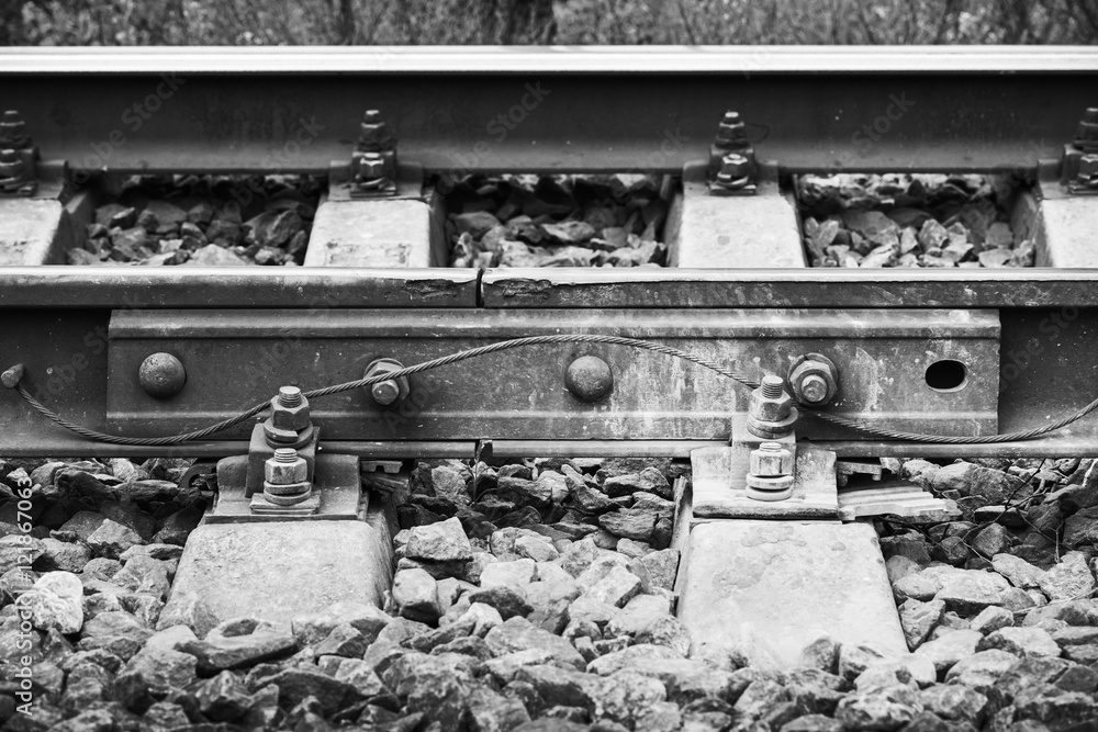Railway details, rails joint with gap, closeup