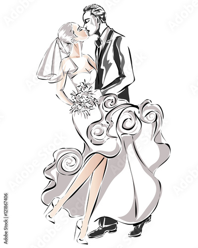 Wedding couple, happy bride and groom, vector