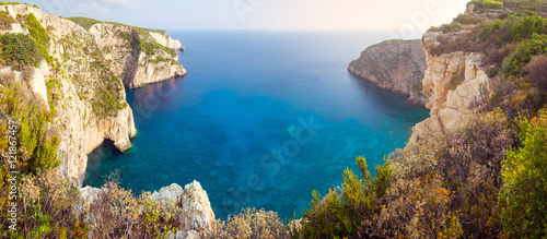 Panoramic landscape view of ocean cliffs and rock formations in Zakynthos