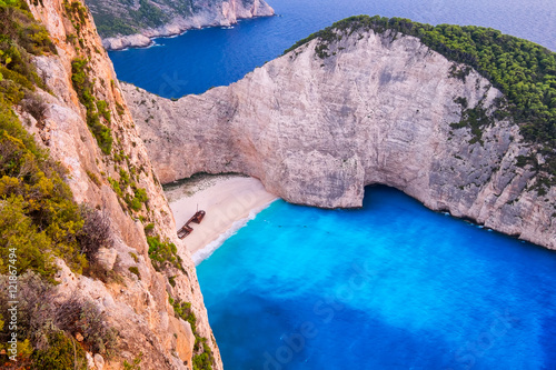 Landscape aerial view of famous Shipwreck beach in Zakynthos