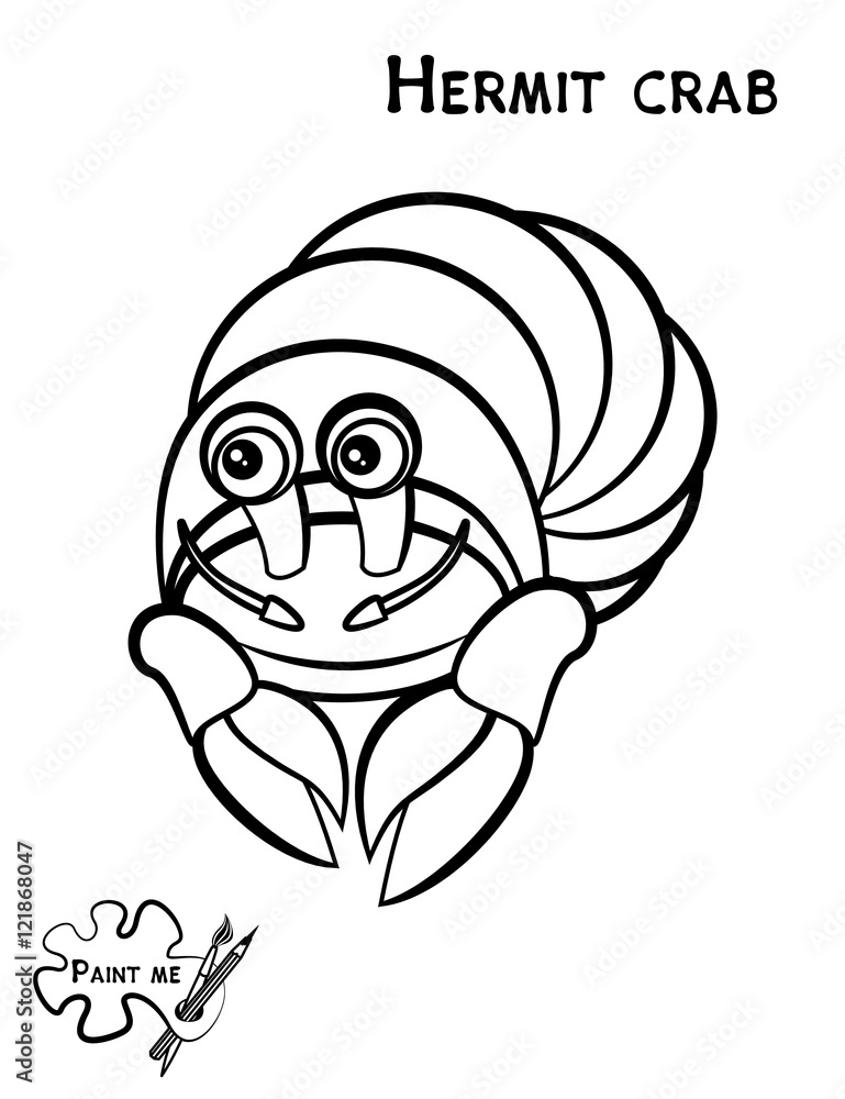 Children's coloring book that says Paint me. Sea life. Hermit cr